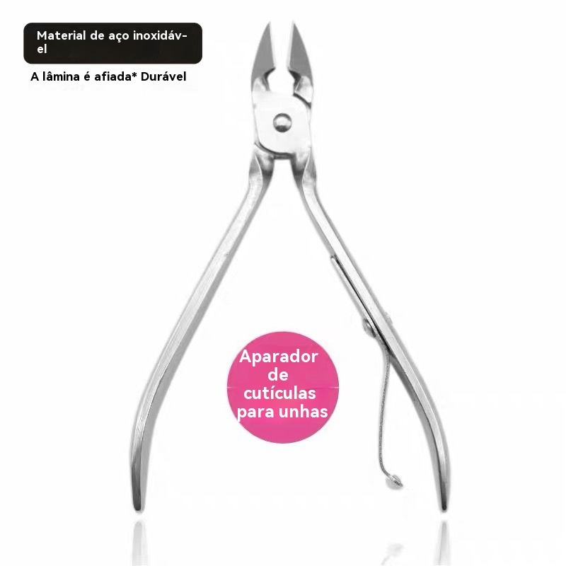 Alicate de cuticula de aco inoxidavel com acabamento polido, exibindo lamina afiada e mola de precisao