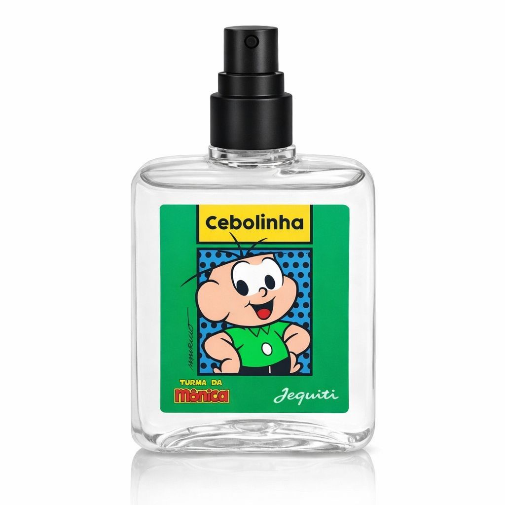 Frasco de Deo Colônia Cebolinha 25ml Body Splash da Jequiti, com rótulo verde apresentando o personagem Cebolinha da Turma da Mônica e tampa preta.