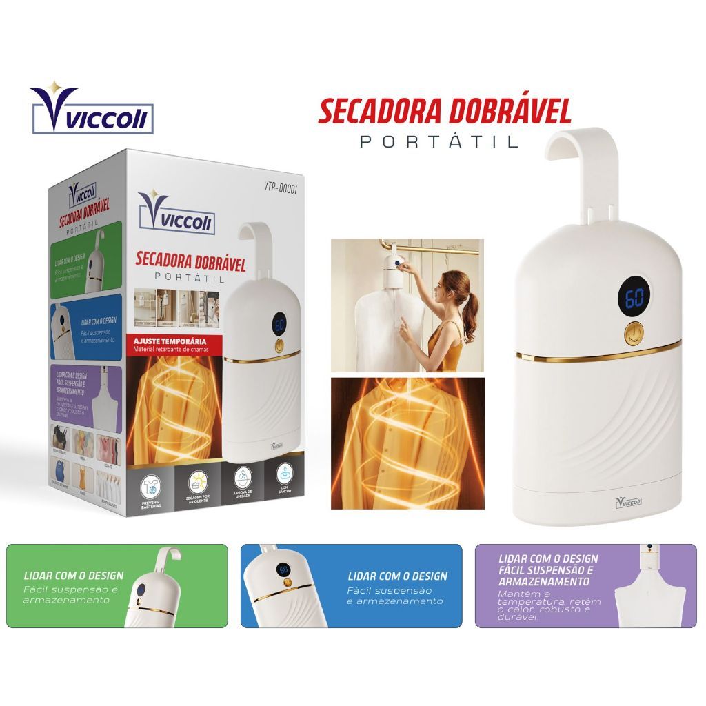 Embalagem externa do produto e detalhes da secadora portátil Viccoli VTR-00001 mostrando sua versatilidade de armazenamento.