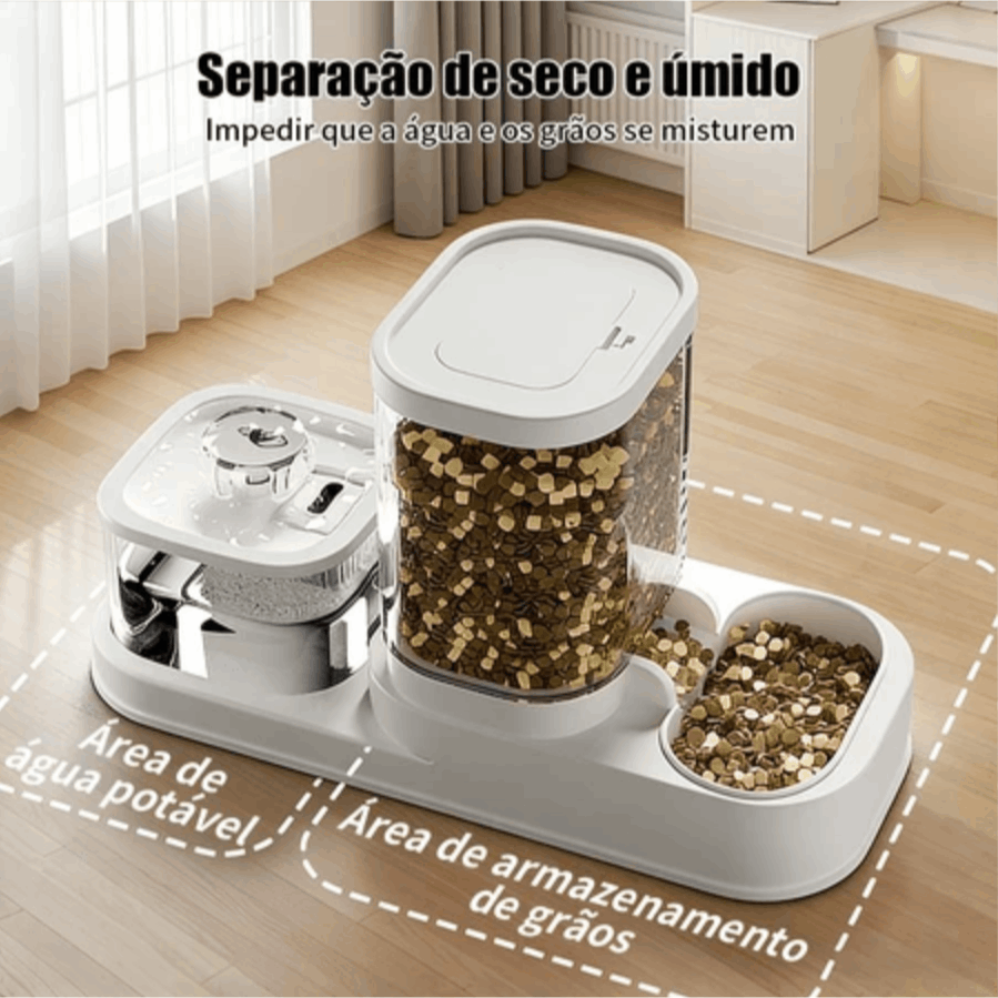 Kit bebedouro e comedouro automatico 2 em 1 em ambiente domestico com indicacao de separacao seco e umido