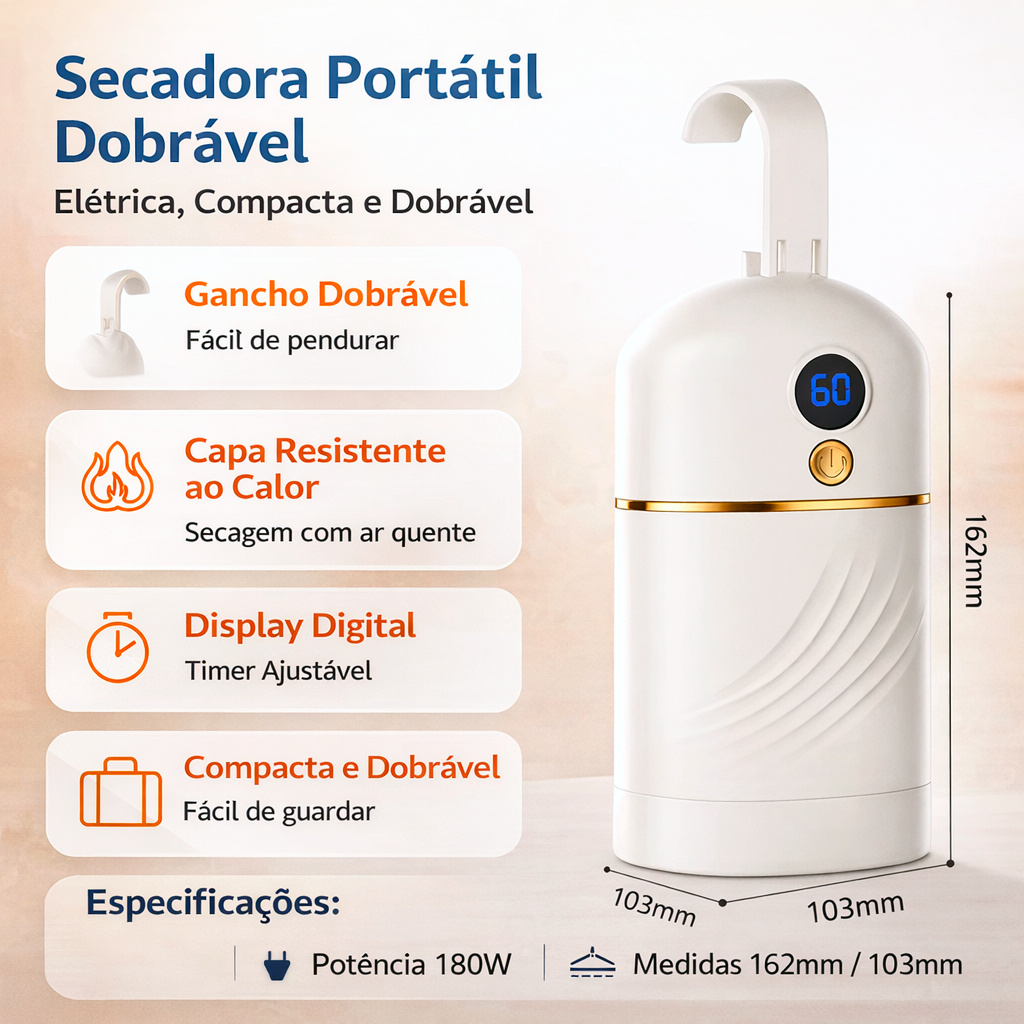 Infográfico detalhando as especificações da secadora portátil Viccoli, destacando o gancho dobrável, capa resistente ao calor e dimensões de 162mm por 103mm.