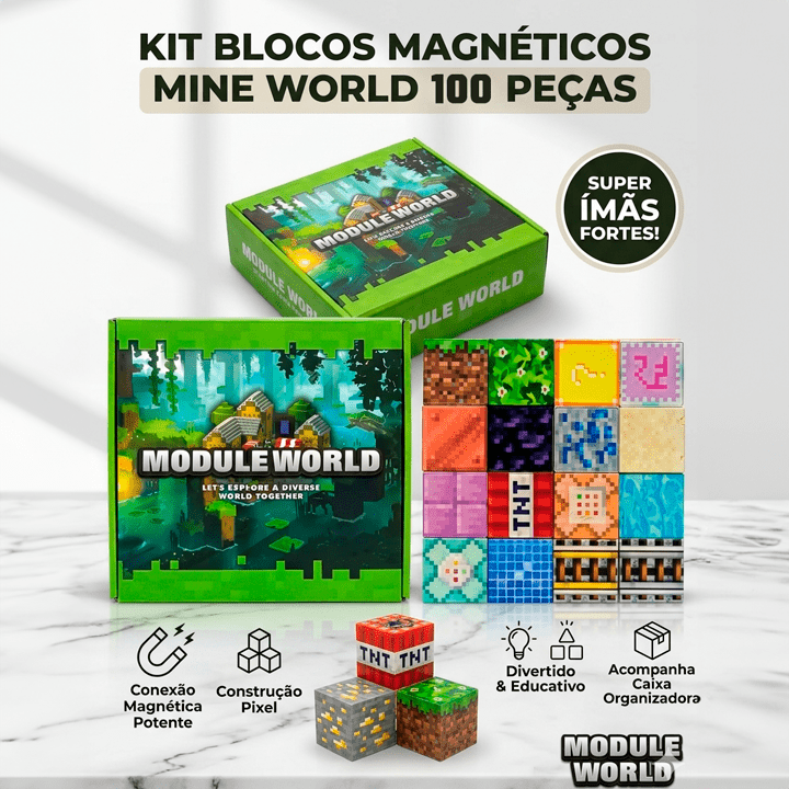 Kit de 100 blocos magnéticos Module World em destaque, com a caixa aberta mostrando blocos variados e ícones de benefícios.