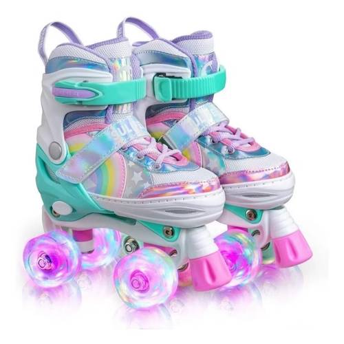 imagem do item patins infantil ajustável 4 rodas verde com led e - , patins tradicional de fileiras para crianças menina e iniciantes com fivela de segurança dupla