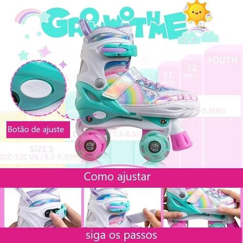 patins infantil ajustável 4 rodas verde com led e - , patins tradicional de fileiras para crianças menina e iniciantes com fivela de segurança dupla
