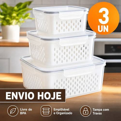 kit 3 potes hermético organizador de alimentos com cesto escorredor e tampa para geladeira cozinha