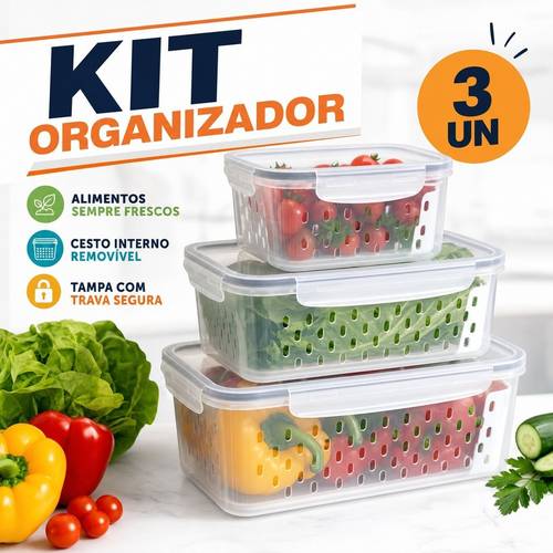 imagem do item kit 3 potes hermético organizador de alimentos com cesto escorredor e tampa para geladeira cozinha