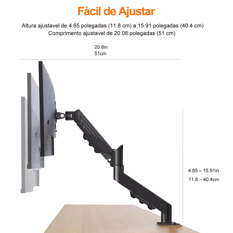 Especificações técnicas de altura e alcance horizontal do suporte com monitor instalado
