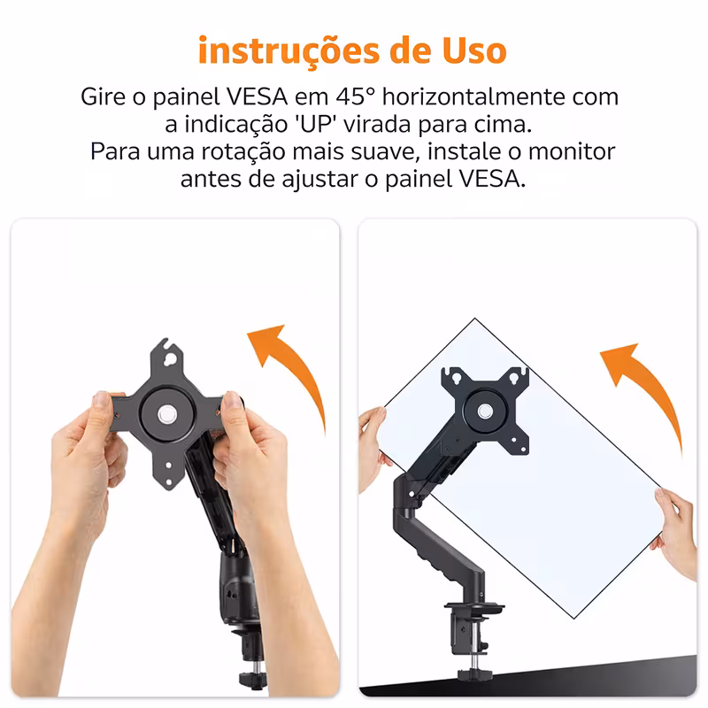 Instruções visuais para ajuste do painel VESA e montagem do monitor no suporte