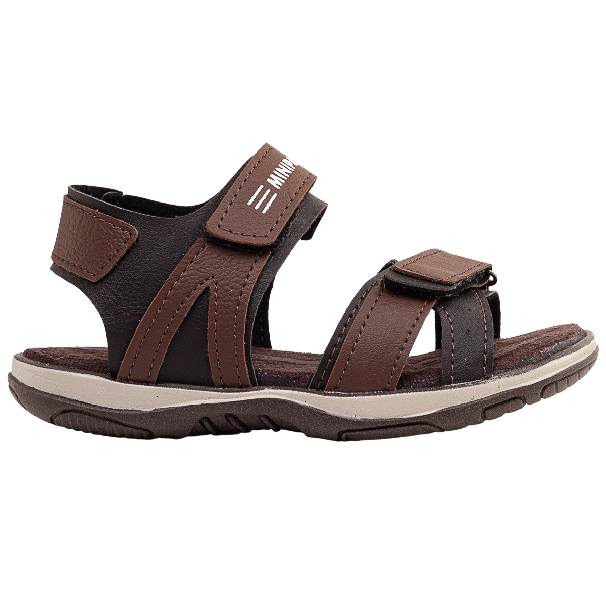 Vista lateral de sandália infantil papete nas cores marrom e preto com detalhe da marca Minipass no fecho de velcro