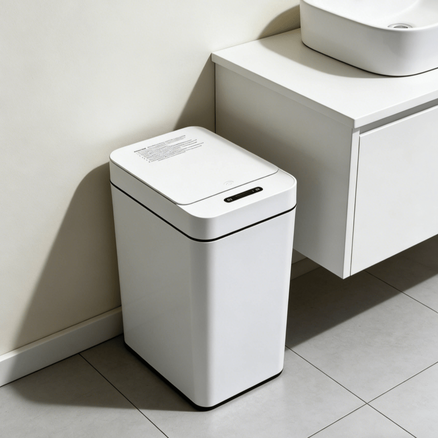 Lixeira automática branca posicionada ao lado de um gabinete de banheiro com pia, destacando o design compacto e moderno