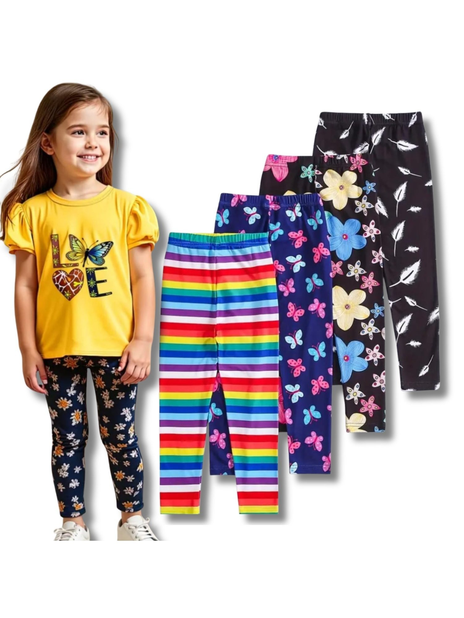 Menina usando legging estampada de flores e borboletas, ao lado de 3 leggings coloridas e estampadas empilhadas.