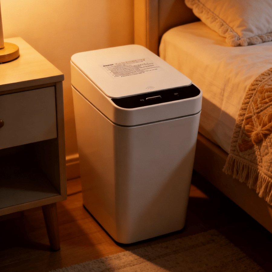 Lixeira inteligente branca instalada ao lado de uma mesa de cabeceira em um quarto, com iluminação ambiente suave