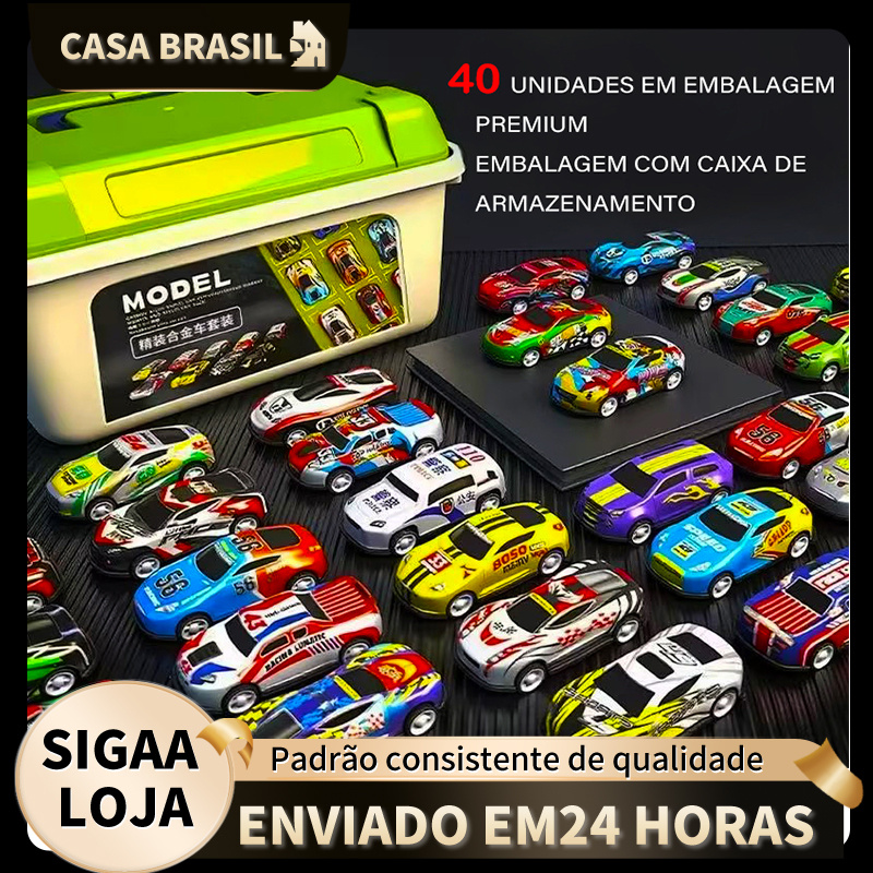 Carrinhos de brinquedo de metal em caixa organizadora