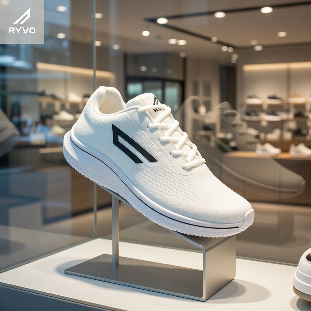Tênis masculino branco da marca RYVO, com detalhes em preto, exibido em um expositor em uma loja.