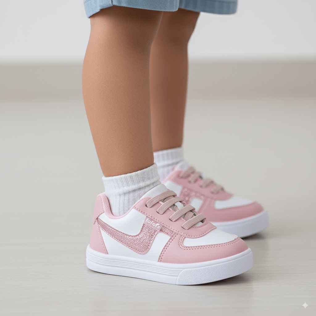 Pés de criança calçando tênis casual rosa e branco com detalhes em glitter
