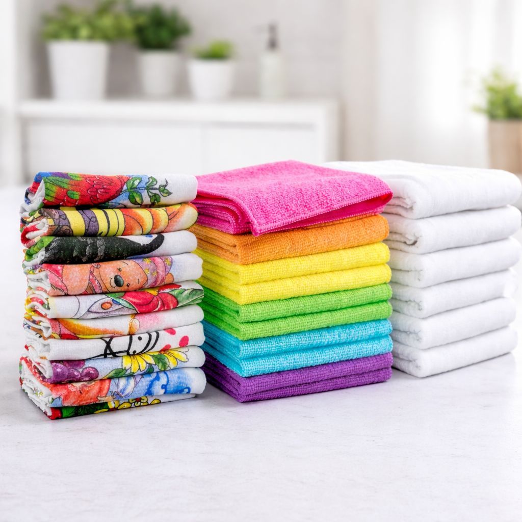 Pano estampado branco com detalhes coloridos,Pano microfibra cinza com textura suave,Saco alvejado azul com logo da marca