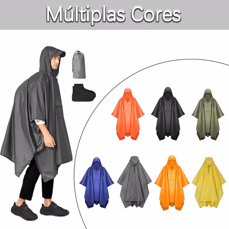 Apresentação de várias cores disponíveis para o poncho impermeável com um modelo masculino vestindo a versão cinza