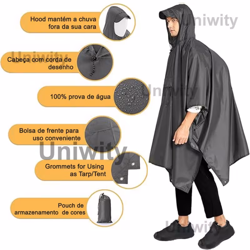 Infográfico destacando os benefícios do poncho como capuz, material impermeável e uso como toldo