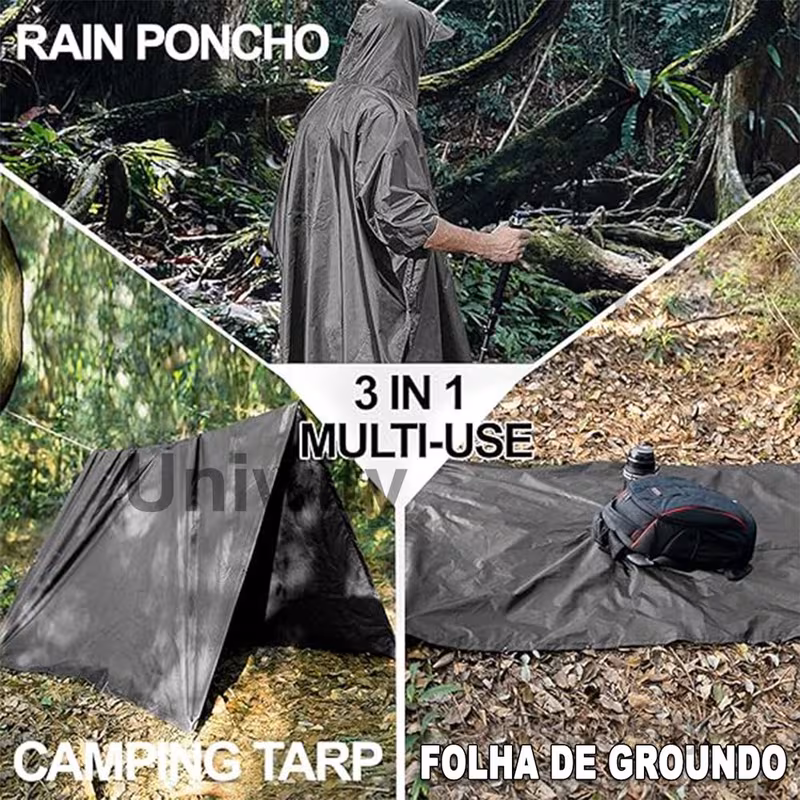 Demonstração do uso do poncho em ambiente de trilha como capa, toldo de acampamento e forro de chão