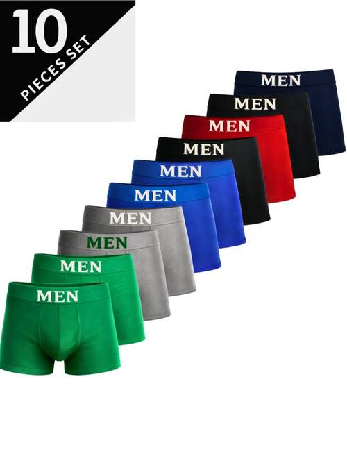 imagem do item conjunto de 10 peças de roupa íntima masculina, estampa com design , cuecas boxer casuais, cuecas boxer elásticas respiráveis e confortáveis.