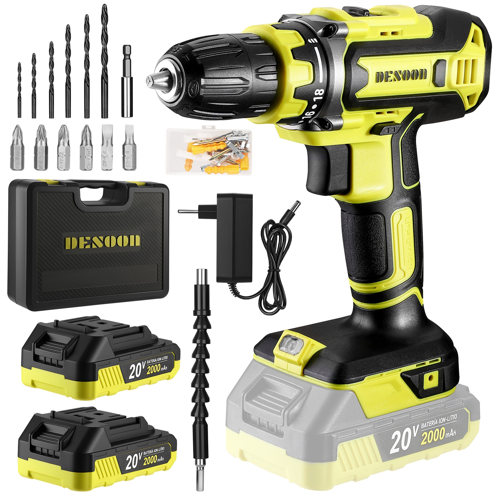 imagem do item   furadeira/parafusadeira sem fio 20v | 2 baterias 2000mah | carga rápida 1h | torque 42nm |   3/8” | maleta + acessórios | reparos, montagens e uso profissional