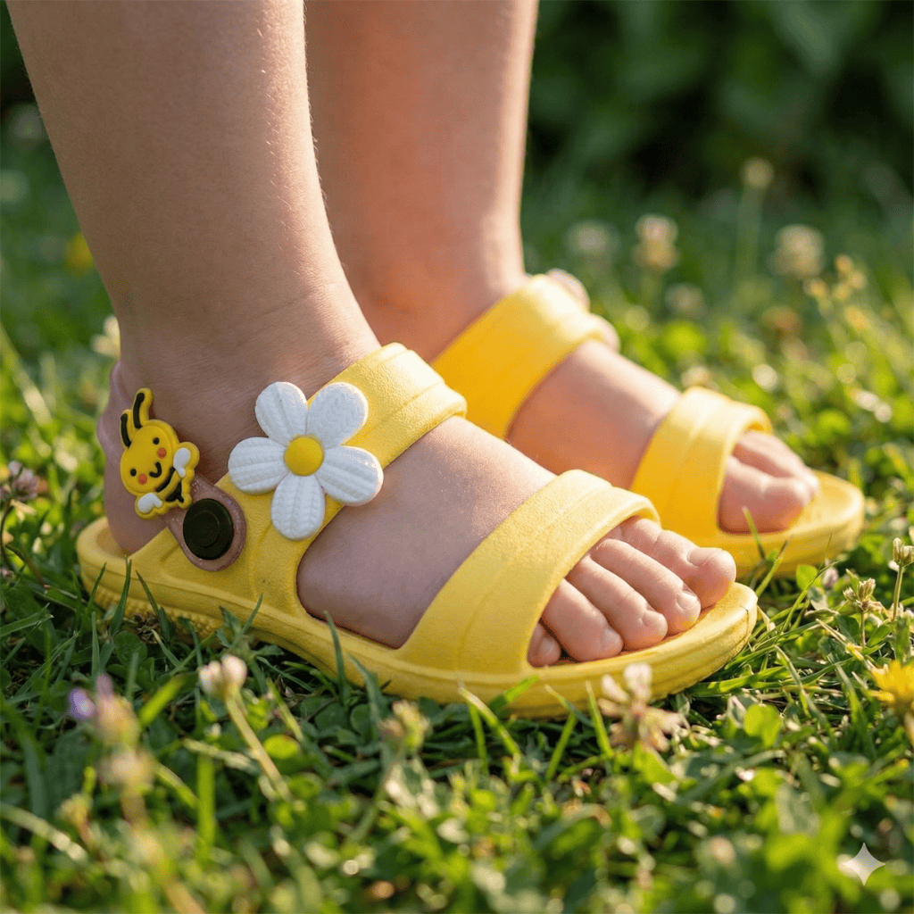 Sandalia infantil amarela com aplique de flor e abelhinha sendo usada no pe de uma crianca em um gramado
