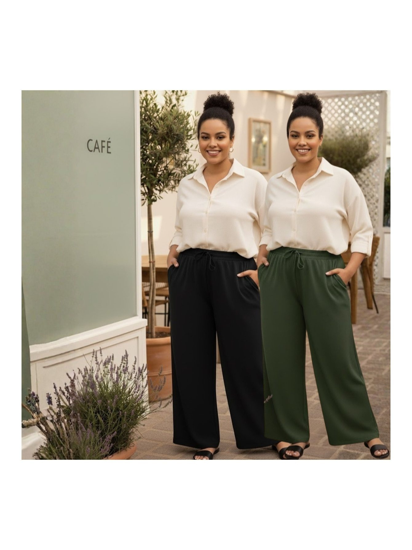 Duas mulheres vestindo calças pantalona plus size nas cores preta e verde escuro, acompanhadas de camisas brancas de botão.
