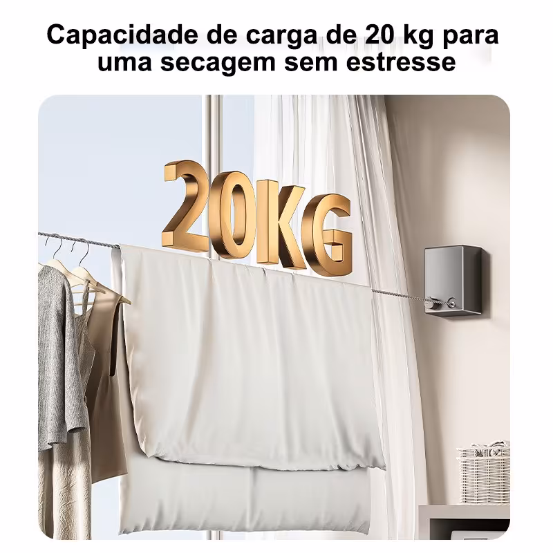 Varal de parede retrátil metálico segurando uma carga de 20kg de roupas