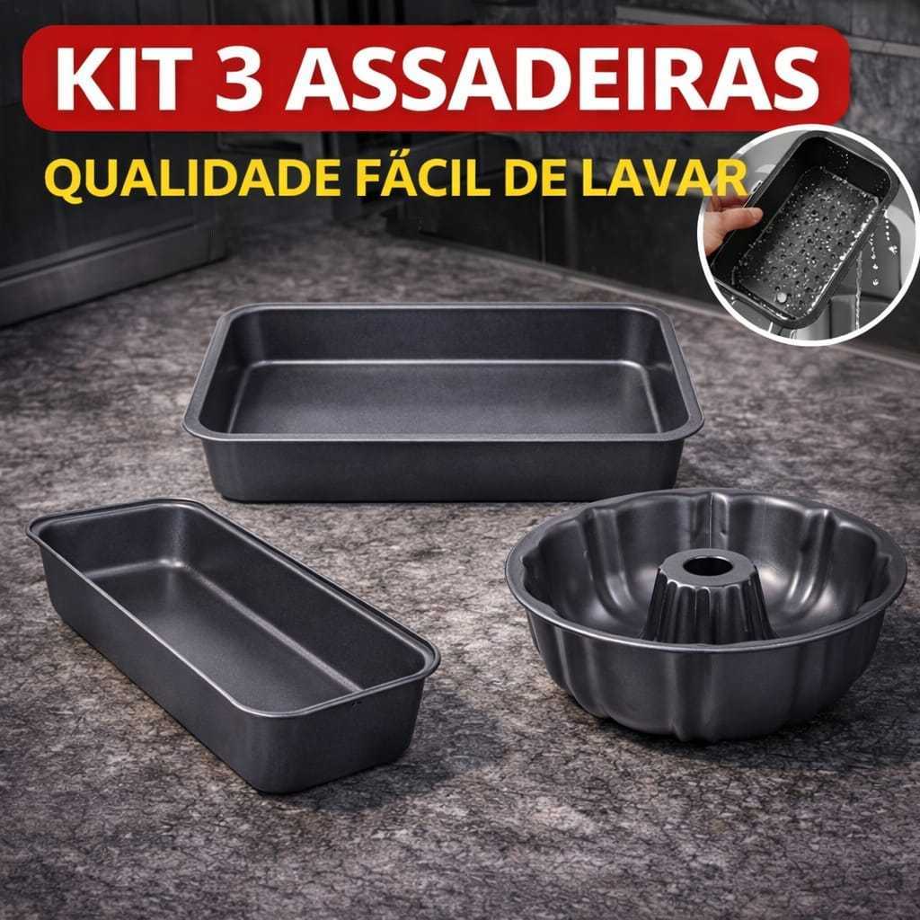 Kit com 3 formas assadeiras metálicas antiaderentes sobre mesa, incluindo assadeira retangular, forma de pão e forma de bolo com furo central, com detalhe de limpeza na água.