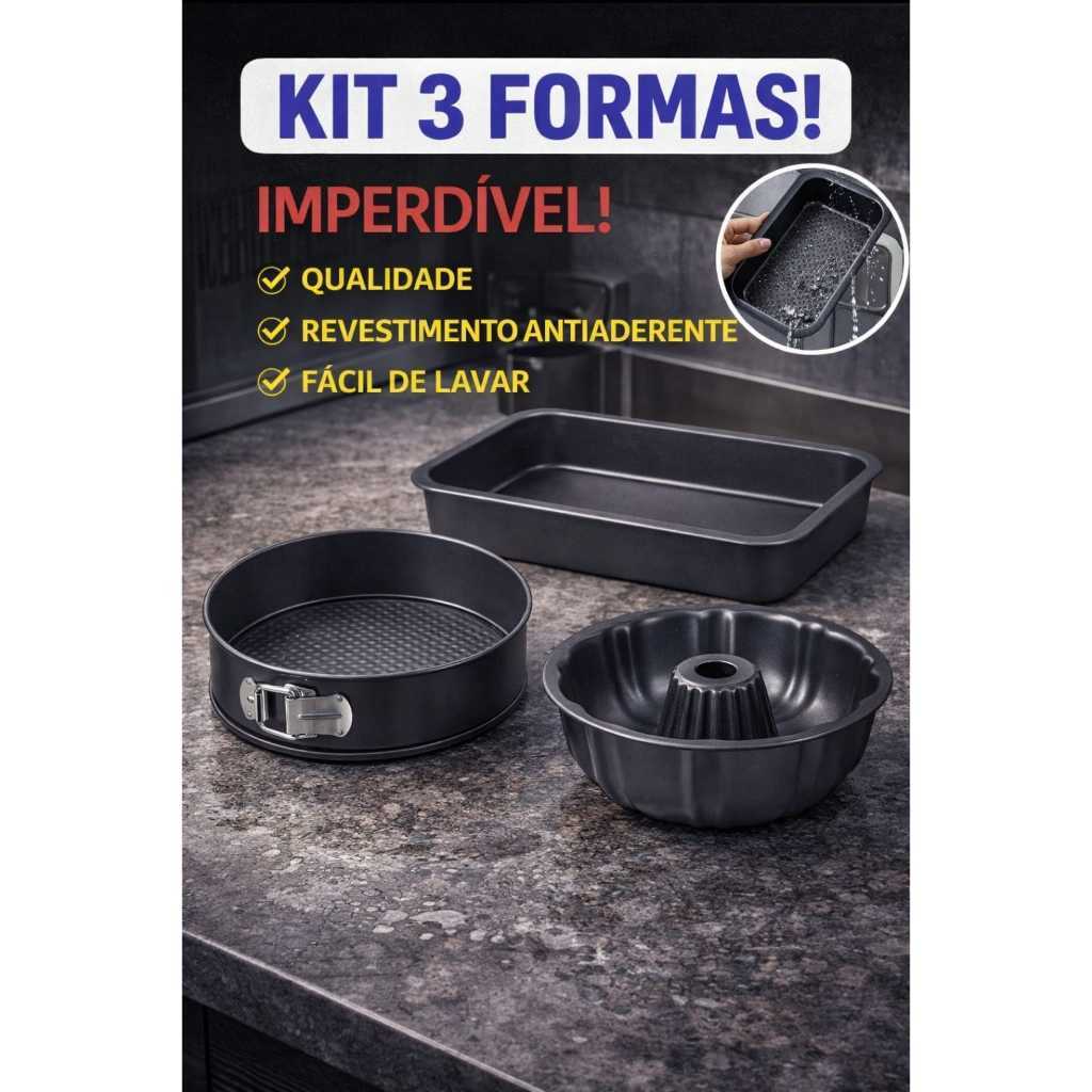 Kit contendo 3 formas antiaderentes sobre bancada, destacando uma assadeira retangular, uma forma redonda com fecho lateral e uma forma de bolo com furo central.