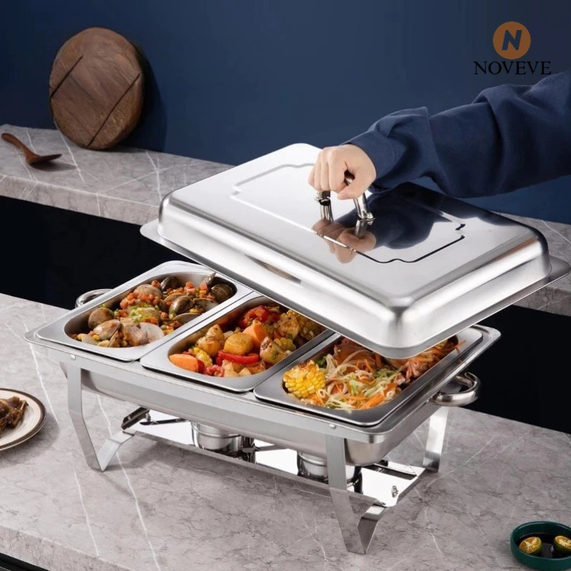 Bandeja térmica profissional de aço inoxidável com capacidade para 9 litros, disponível com 1, 2 ou 3 compartimentos, ideal para buffets, festas e diversos eventos.