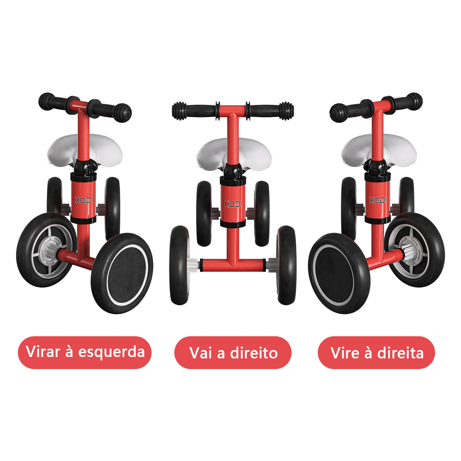 Três ângulos da bicicleta de equilíbrio mostrando a capacidade de virar para a esquerda, seguir reto e virar para a direita.