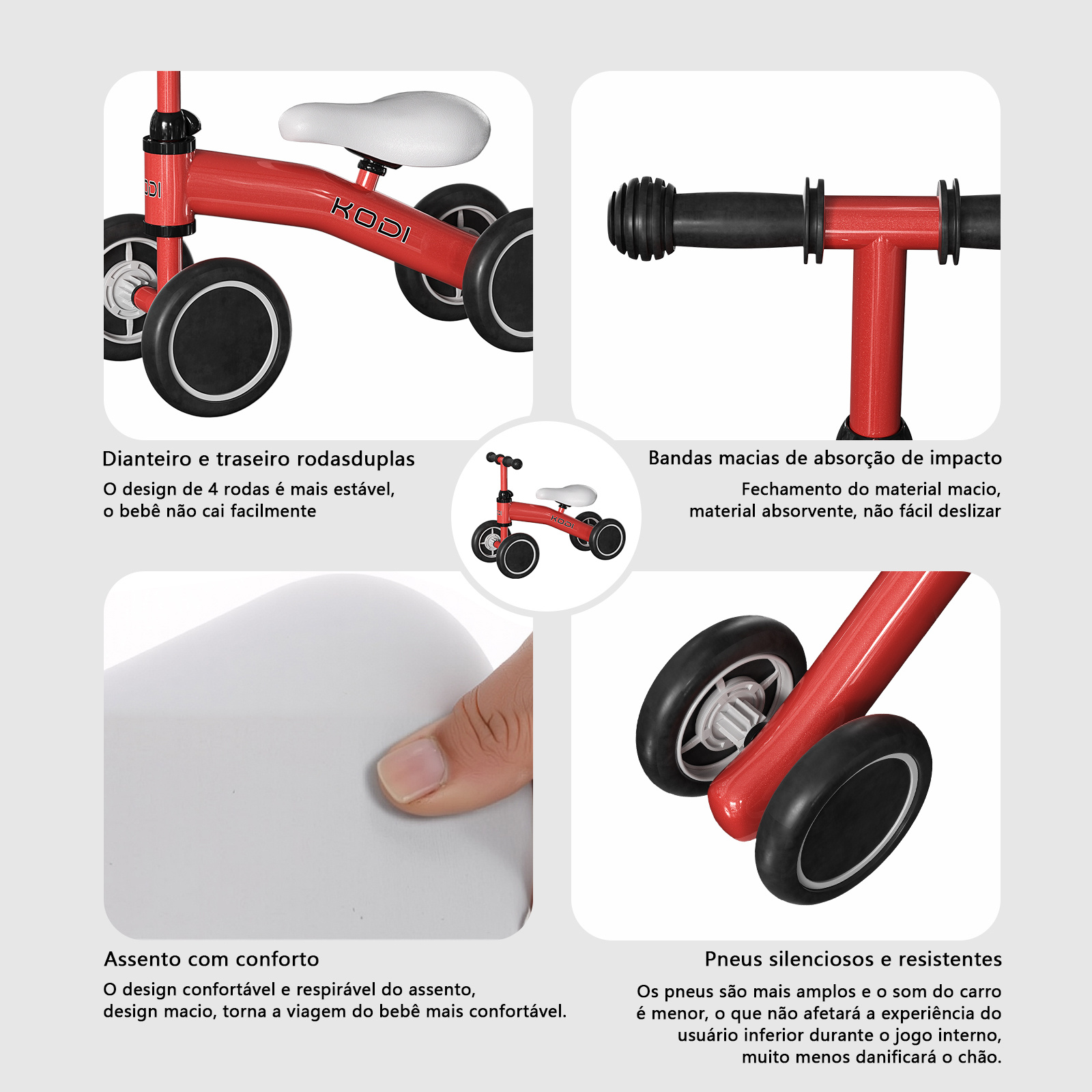 Infográfico detalhando as rodas duplas, guidão macio, assento confortável e pneus silenciosos da bicicleta vermelha.