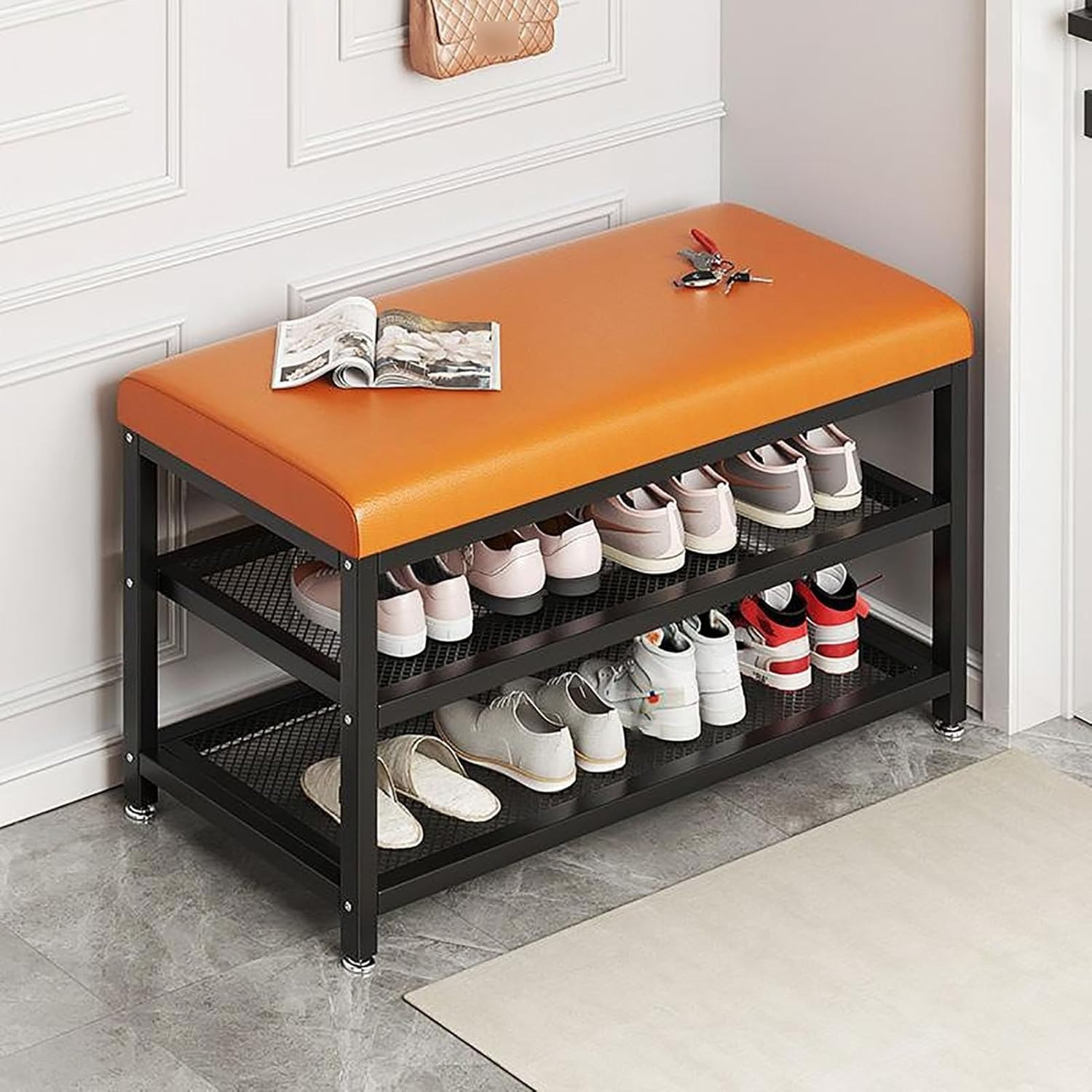 Banco de entrada preto com assento em pele PU