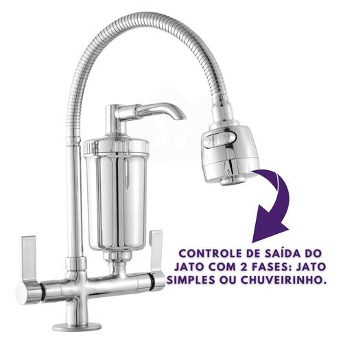 para cozinha, torneira de para cozinha, torneira em aço inoxidável, saída dupla, com filtro, funcionamento com um quarto , cromada