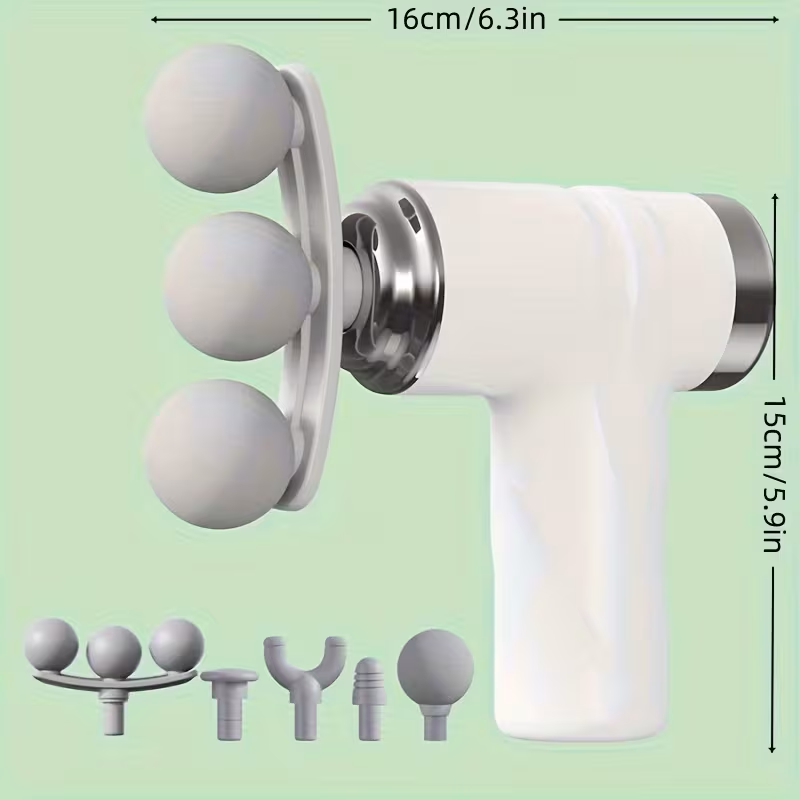Diagrama de medidas da pistola de massagem branca com 16cm de largura e 15cm de altura