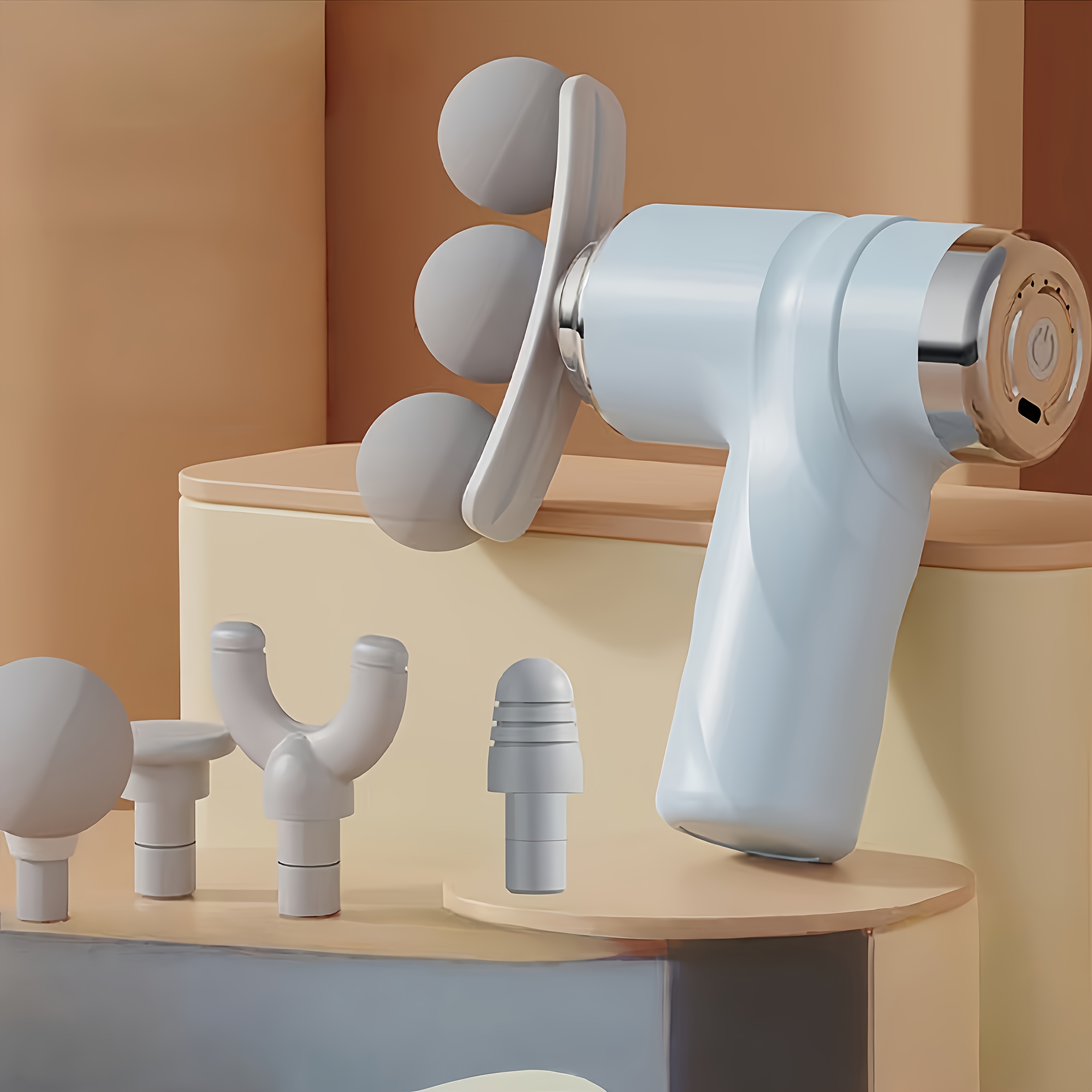 Dispositivo de massagem azul claro com acessorio de tres esferas e quatro ponteiras extras ao lado