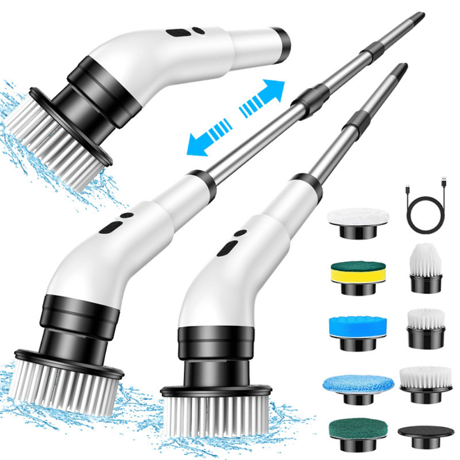 Escova elétrica demonstrando o cabo extensor ajustável em três níveis e conjunto completo de 8 ponteiras