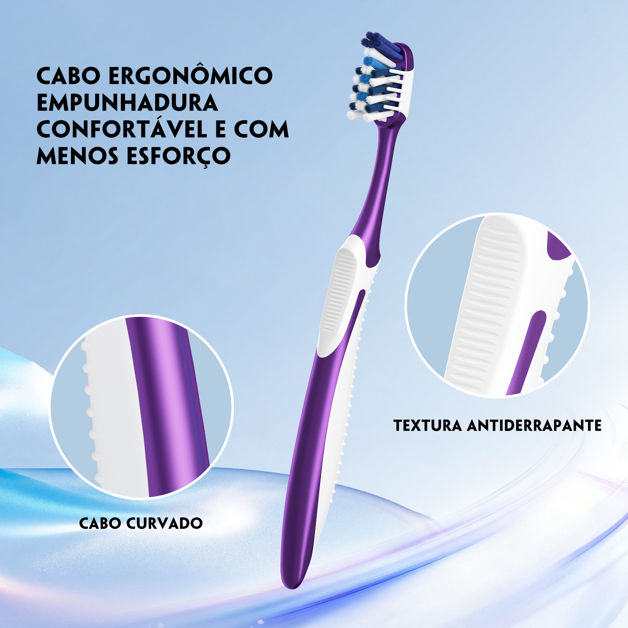 Escova de dente OralGos macia em destaque, com close-ups ampliados mostrando o cabo curvo com textura antiderrapante e a cabeça da escova com cerdas azuis e brancas.