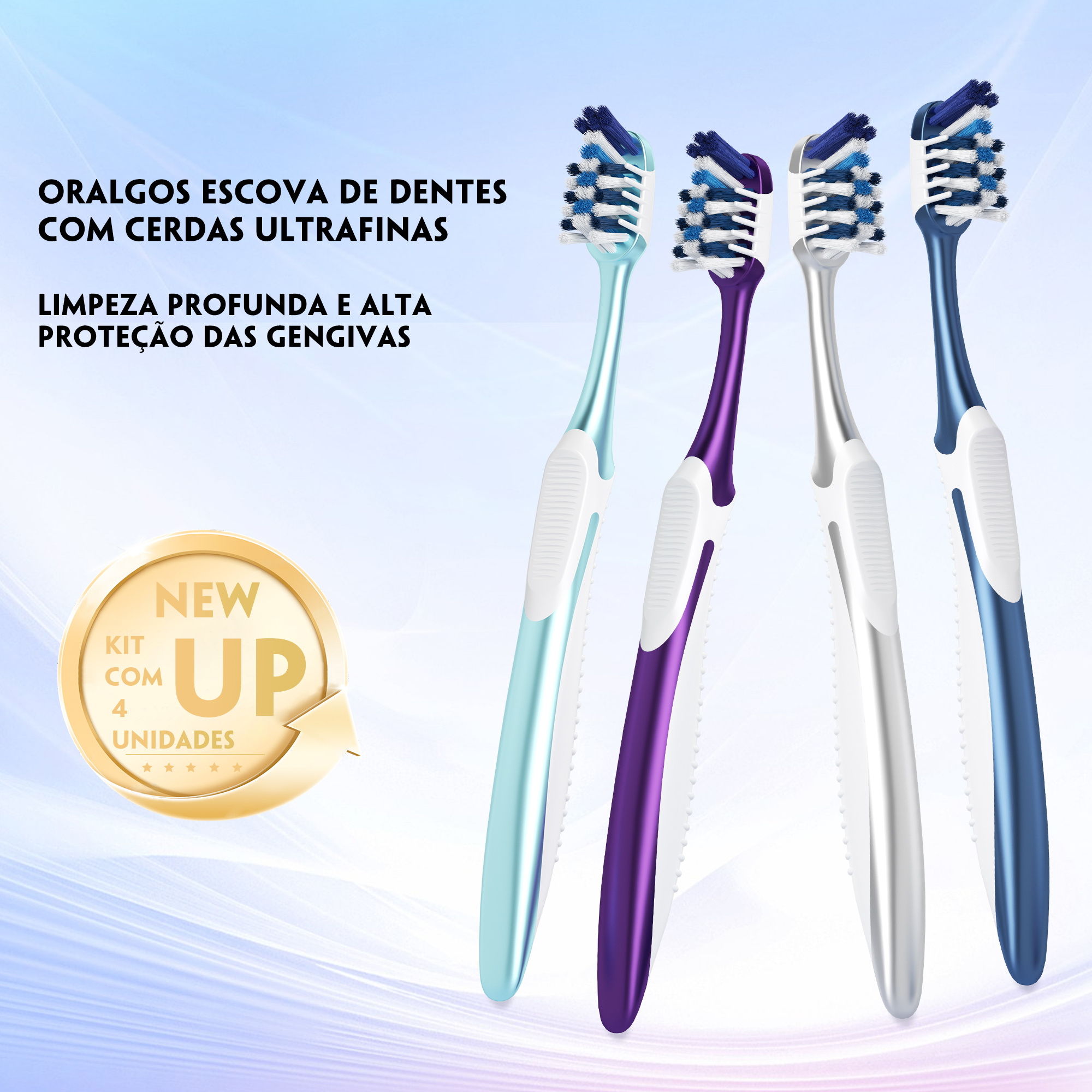 Quatro escovas de dente OralGos macias em cores diferentes, dispostas de forma organizada, com texto sobre cerdas ultrafinas e proteção gengival.