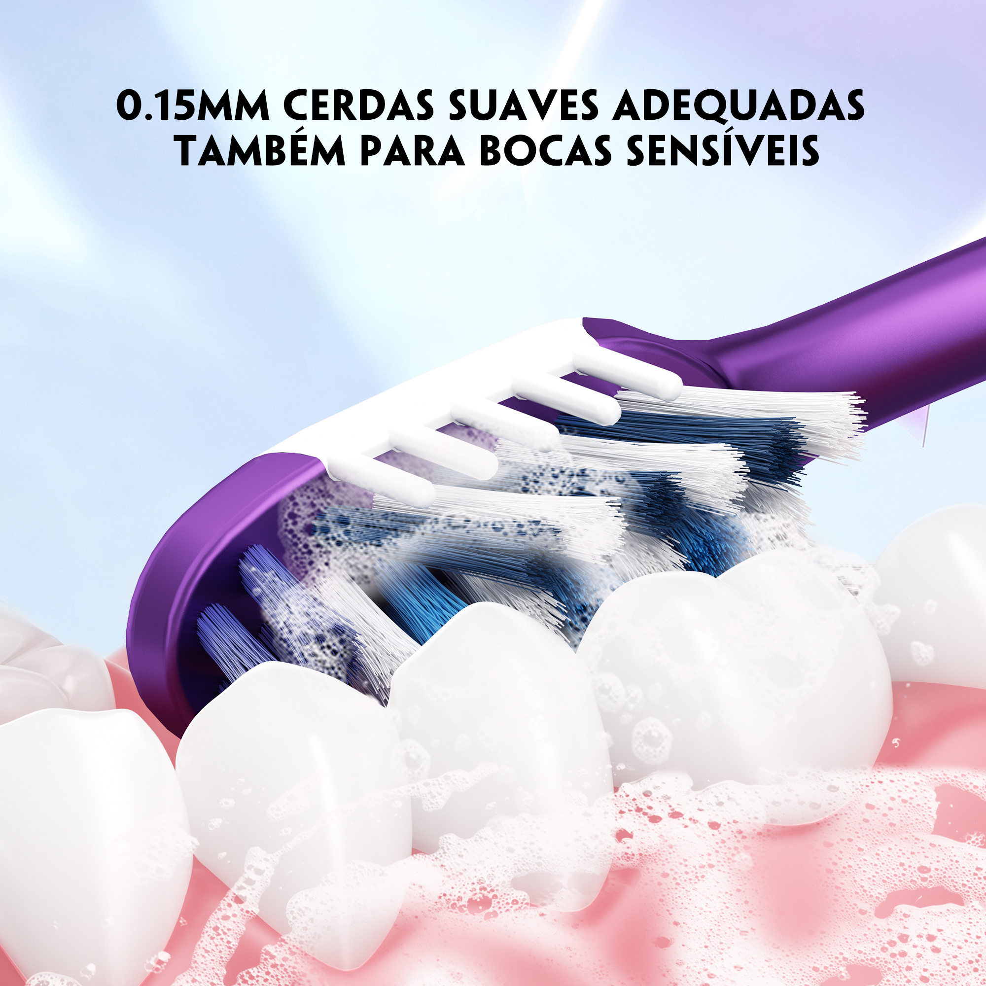 Close-up de uma escova de dente OralGos macia em ação, mostrando as cerdas ultrafinas limpando os dentes em meio à espuma, com foco na suavidade.