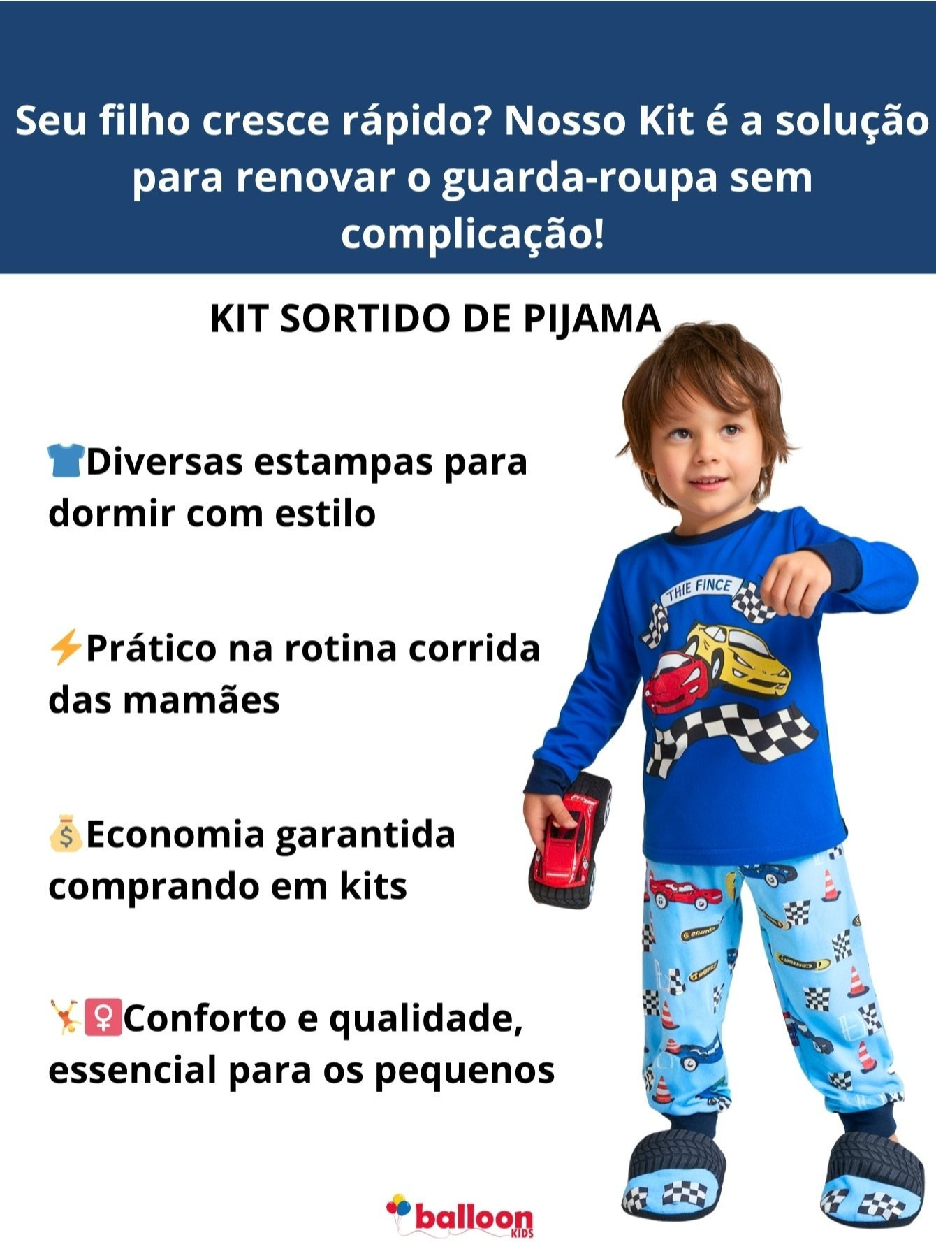 Banner promocional do Kit Sortido de Pijama Balloon Kids destacando economia, praticidade e conforto para o dia a dia.