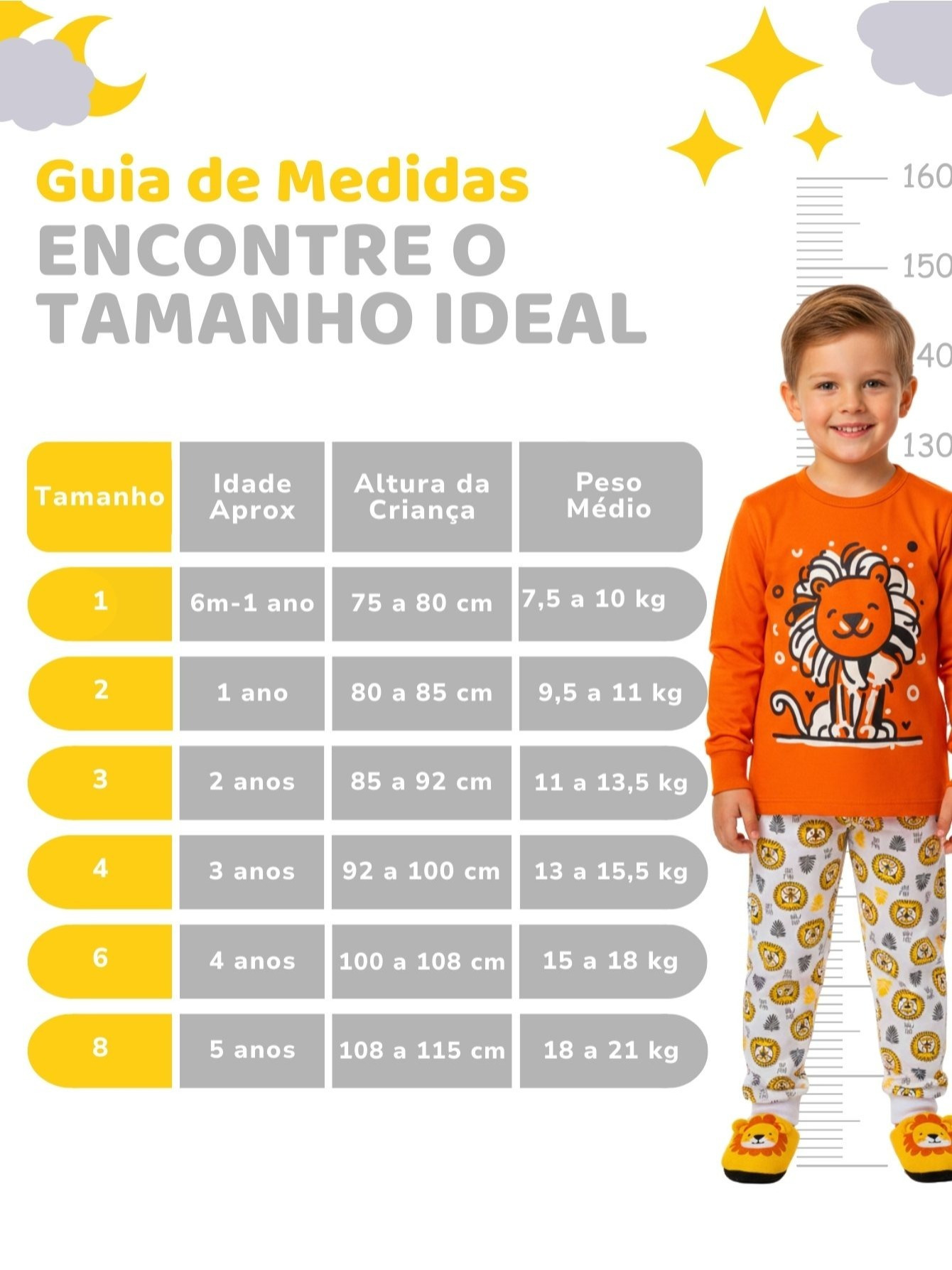 Tabela de guia de medidas para pijamas infantis apresentando a relação entre tamanho, idade, altura e peso da criança.