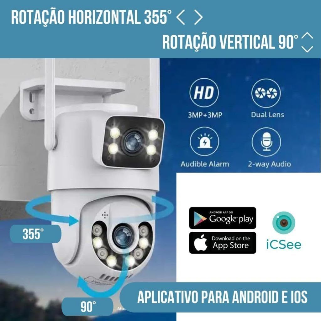 Imagem promocional da câmera com setas indicando rotação horizontal de 355 graus e vertical de 90 graus