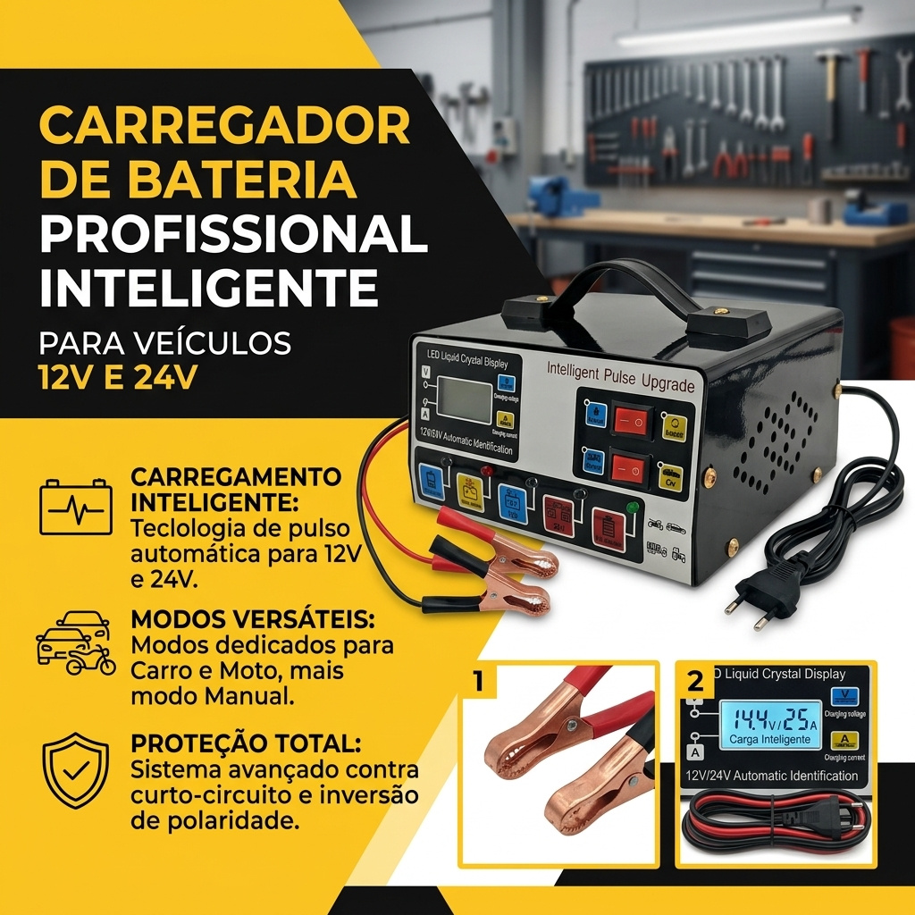 imagem do item carregador inteligente de bateria com   400a, reconhecimento automático 12v/24v, tela lcd digital, múltiplas proteções,   de   para extensão   útil da bateria, ideal para baterias de veículos automotivos