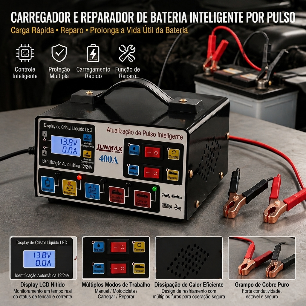 carregador inteligente de bateria com   400a, reconhecimento automático 12v/24v, tela lcd digital, múltiplas proteções,   de   para extensão   útil da bateria, ideal para baterias de veículos automotivos