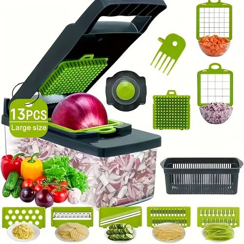 imagem do item cortador de legumes aprimorado de 13 peças, fatiador de frutas multifuncional, ralador de alimentos portátil, ferramenta de corte estilo recipiente, picador de com lâminas múltiplas substituíveis, fatiador de doméstico