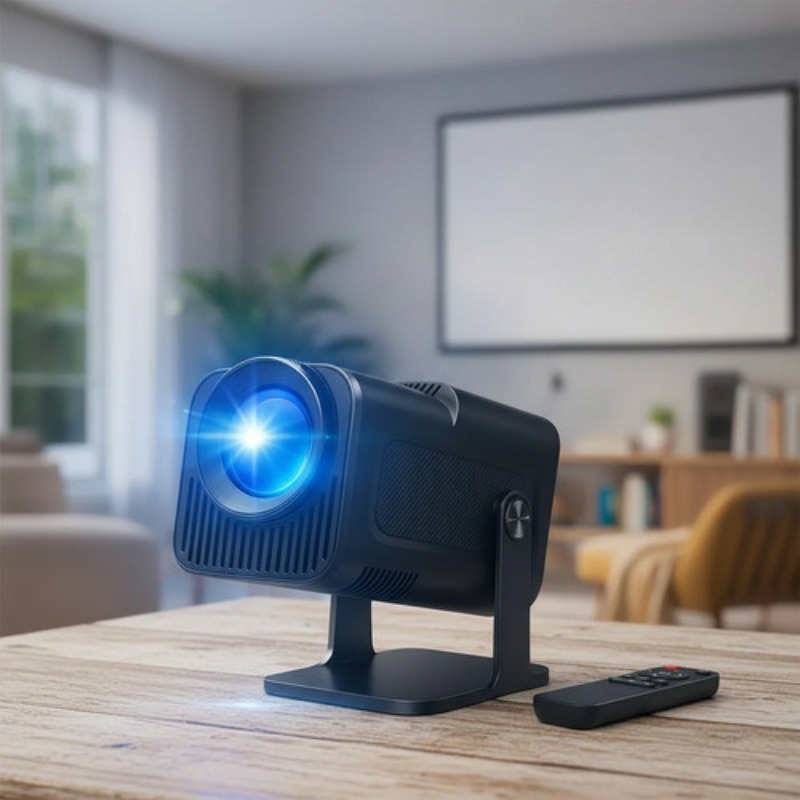 Projetor Hy320 preto ligado sobre mesa de madeira com luz azul na lente e controle remoto ao lado.