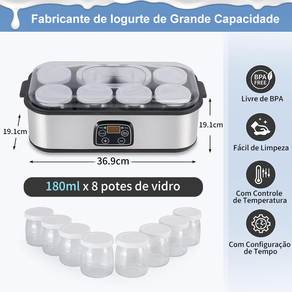 Infográfico detalhando as dimensões de 36.9cm por 19.1cm e os 8 potes de vidro de 180ml incluídos.