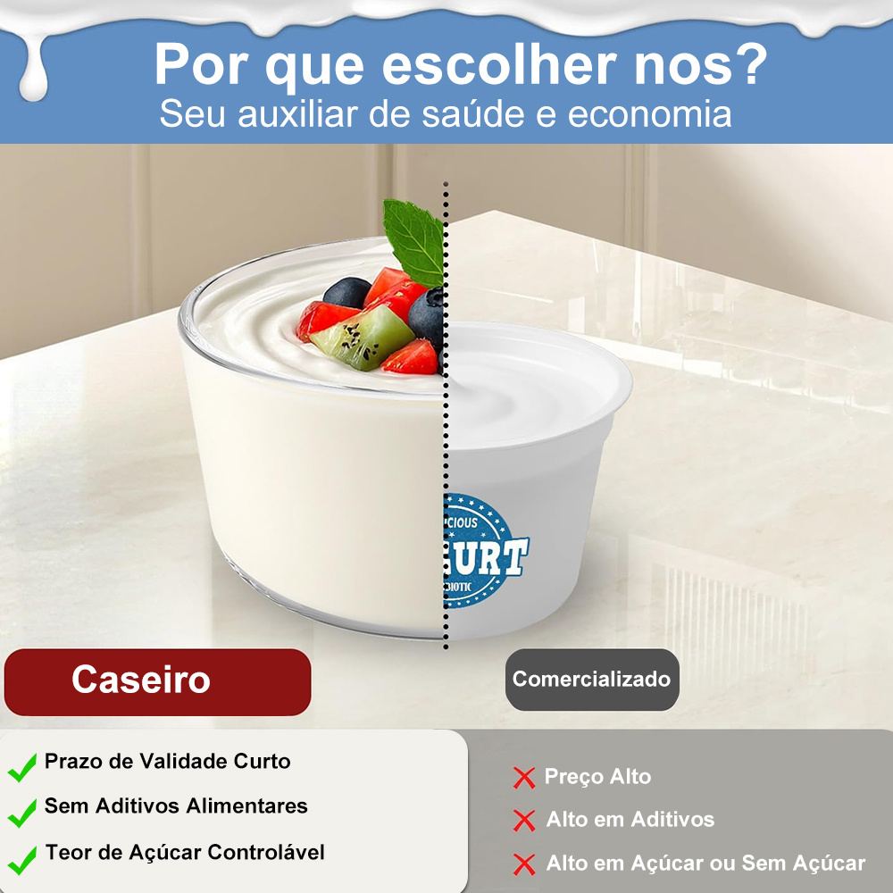 Comparativo visual entre iogurte caseiro saudável e iogurte comercial industrializado com aditivos.